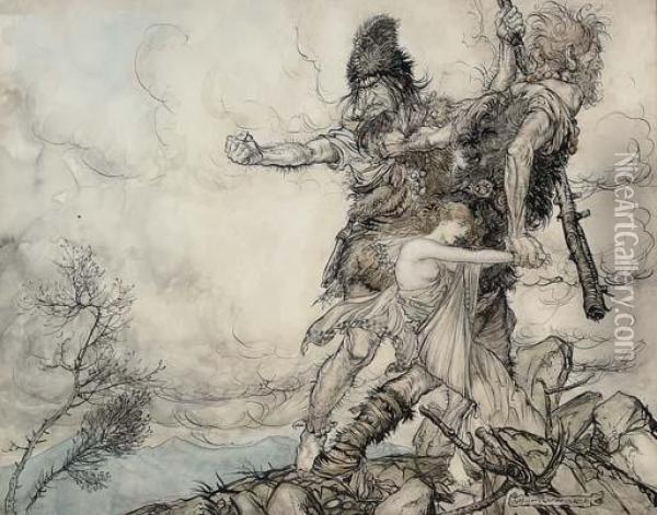 The Giants Fasolt And Fafner Abducting Freia, Goddess Of Love, From Oil Painting - Arthur Rackham