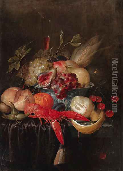 Fruit and a corn cob grapes, pears, peaches, cherries, a corn cob and a figin a blue and white porcelain bowl, a flute of red wine Oil Painting - Jan Pauwel II the Younger Gillemans