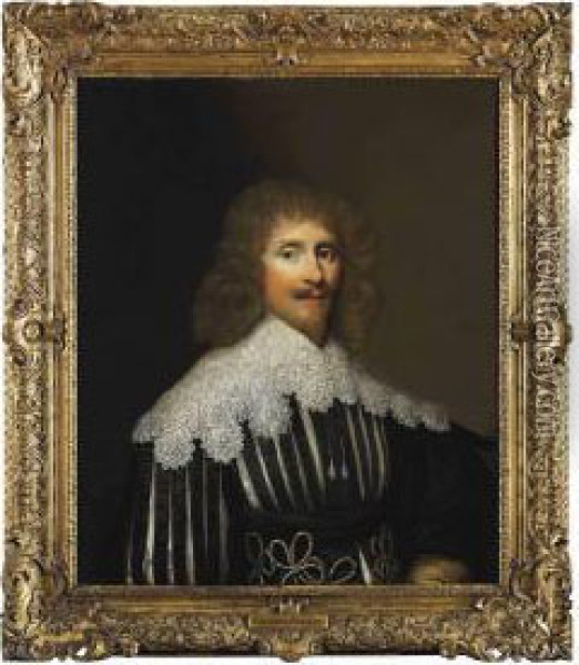 Portrait Of A Gentleman, 
Presumably Of The Wilbraham Family, Half-length, In A Black Slashed 
Doublet With A Lace Collar Oil Painting - Cornelius Janssens Van Ceulen