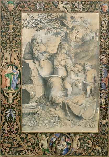 Border of an Illuminated Manuscript surrounding a drawing after Raphael's The Holy family under the Oak Oil Painting - Giorgio-Giulio Clovio