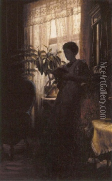 A Woman Reading In An Interior Oil Painting - Viggo Johansen