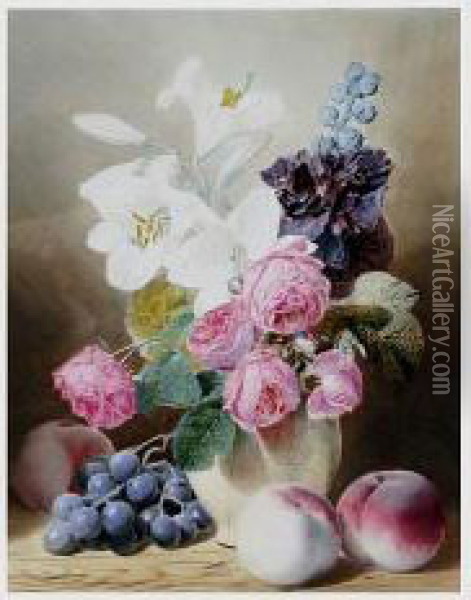 Still Life With Roses, Lilies, Grapes And Peaches Oil Painting - Mary Elizabeth Duffield