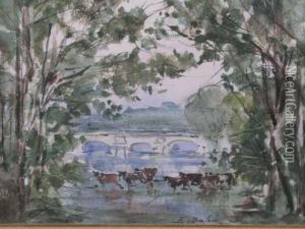 Troupeau Pres Du Pont Oil Painting - Jacques-Edouard Dufeu