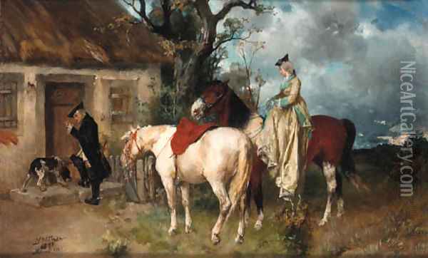 Riders at a cottage door Oil Painting - Hans Buttner