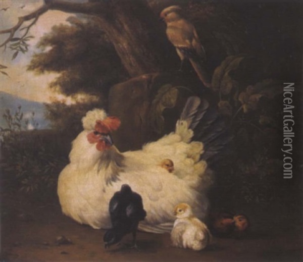 Eine Henne Mit Ihren Kuken Oil Painting - Melchior de Hondecoeter