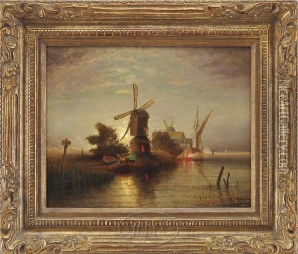 Windmills And Sails Along The Shore Oil Painting - Elisha (Taylor) Baker