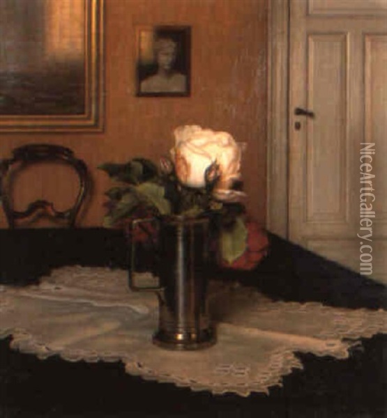 Roses In A Pewter Tankard On A Draped Table Oil Painting - Wilhelm Andersen