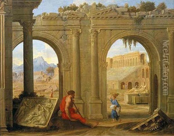 Figures Amongst Classical Architectural Ruins Oil Painting - Jean (Lemaire-Poussin) Lemaire
