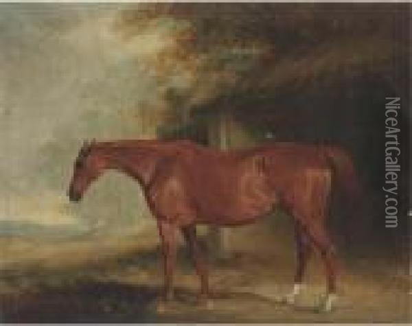 A Chestnut Mare Outside A Stable Oil Painting - John Snr Ferneley
