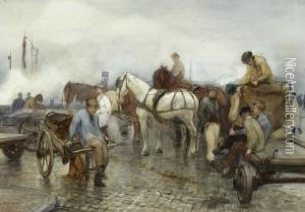 Activity On A Quay Oil Painting - August Willem van Voorden