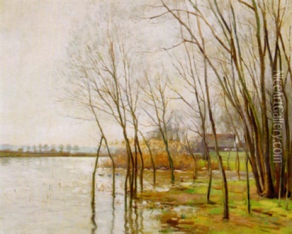 Flodlandskap Oil Painting - Pierre Emmanuel Eugene Damoye