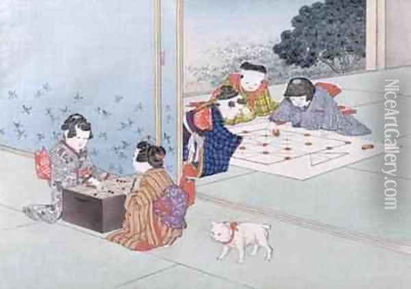 Backgammon and Musashi from the series Childrens Games Oil Painting - Kobayashi Eitaku