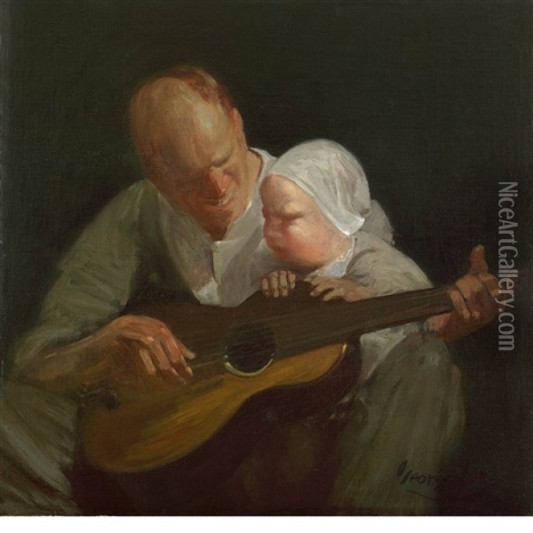 Man And Child With Guitar (portrait Of The Artist's Brother With His Son) Oil Painting - George Benjamin Luks