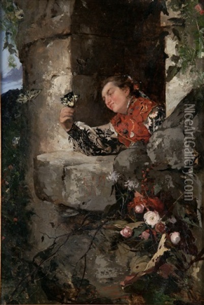 Joven En El Balcon Oil Painting - Angel (Monedero) Lizcano y Esteban
