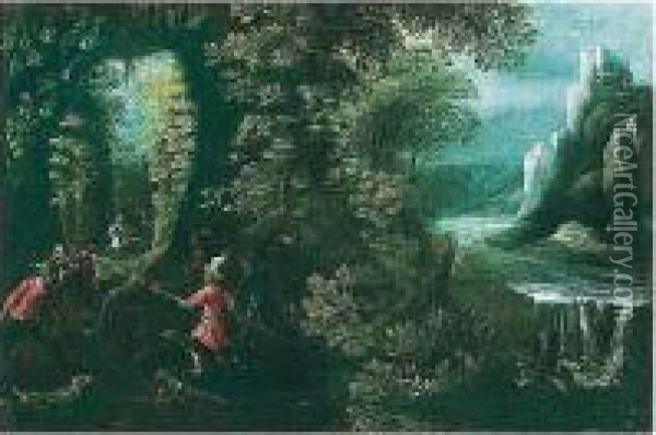 A Wild Boar Hunt With Dogs In A Forest By A Waterfall Oil Painting - Lodovico Pozzoserrato (see Toeput, Lodewijk)