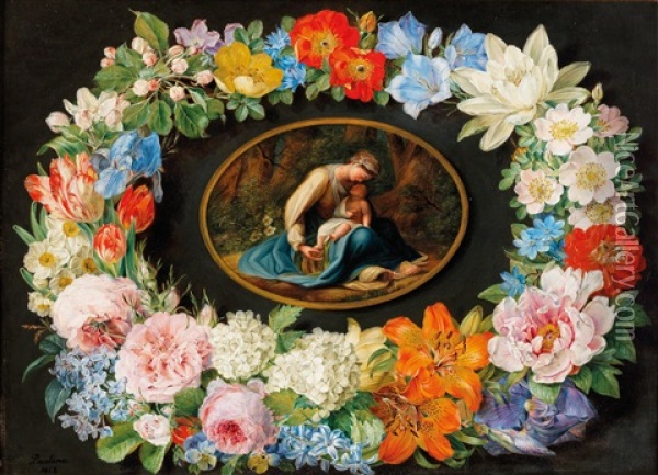 Madonna With Child, Surrounded By A Wreath Of Flowers Oil Painting - Pauline Von Koudelka-Schmerling