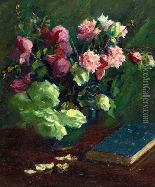 Floral Still Life with Book Oil Painting - K. McGusland