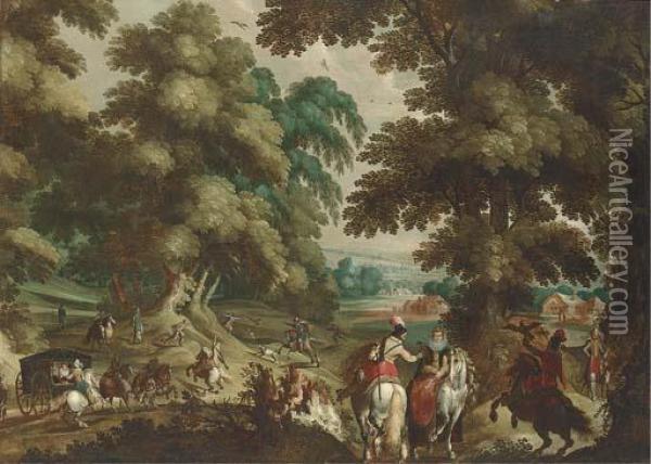 A Wooded Landscape With A Hawking Party And Elegant Company In Acarriage Oil Painting - Sebastien Vrancx