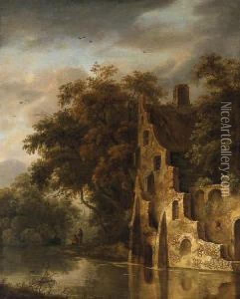 A Wooded River Landscape With A Ruin, Anglers On A Bankbeyond Oil Painting - Roelof van Vries