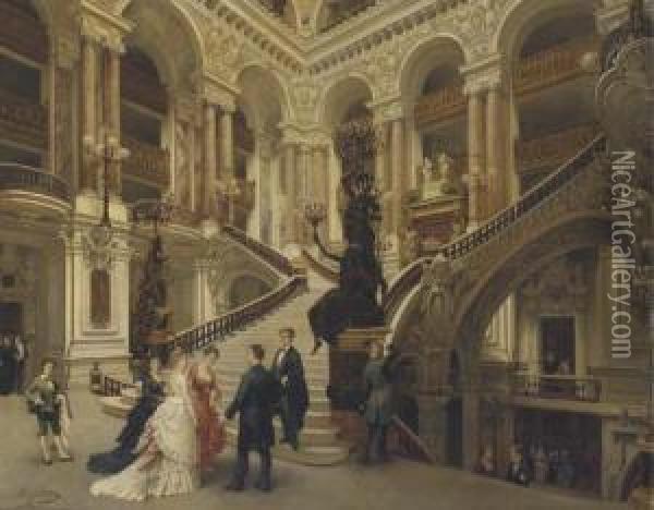 The Interior Of The Paris Opera, With Figures On The Steps Oil Painting - Adolphe Francois Montfallet