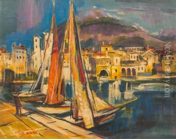 Italian Harbor Scene Oil Painting - Vilmos Aba-Novak