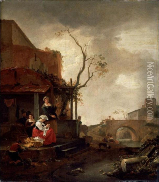 Village Scene With Women Sewing 
And A Boy Peeling Vegetables At The Entrance To A
 Cottage Drovers Crossing A Bridge Beyond Oil Painting - Thomas Wyck