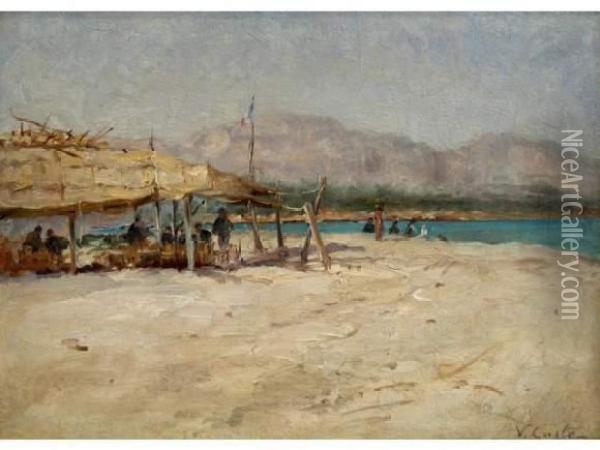 Bord De Mer A Antibes. Oil Painting - Victor Coste