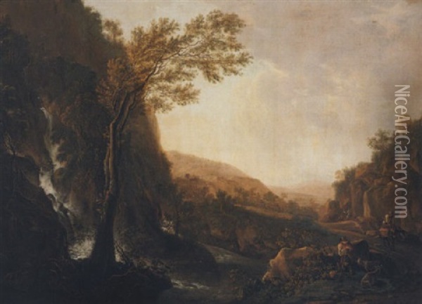 An Italianate Landscape With Travellers On A Road Beside A Waterfall At Dusk Oil Painting - Jan Dirksz. Both
