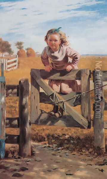 Swinging on a Gate, Southampton, Long Island Oil Painting - John George Brown