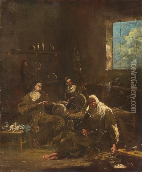 Nuns Spinning Oil Painting - Alessandro Magnasco