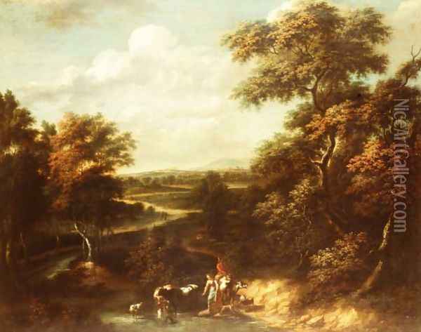 An extensive wooded landscape with a herdsman and a peasant girl Oil Painting - Jan Philip Spalthof