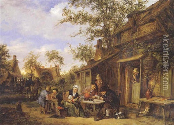 Famille De Paysans Se Restaurant Dans La Cour D'une Ferme Oil Painting - Adriaen Jansz van Ostade