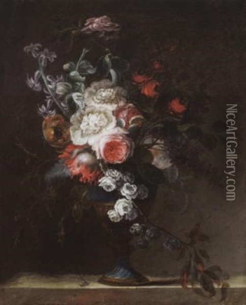 Blumenstrauss In Vase Auf Steinplatte Oil Painting - Nicolas Ricoeur
