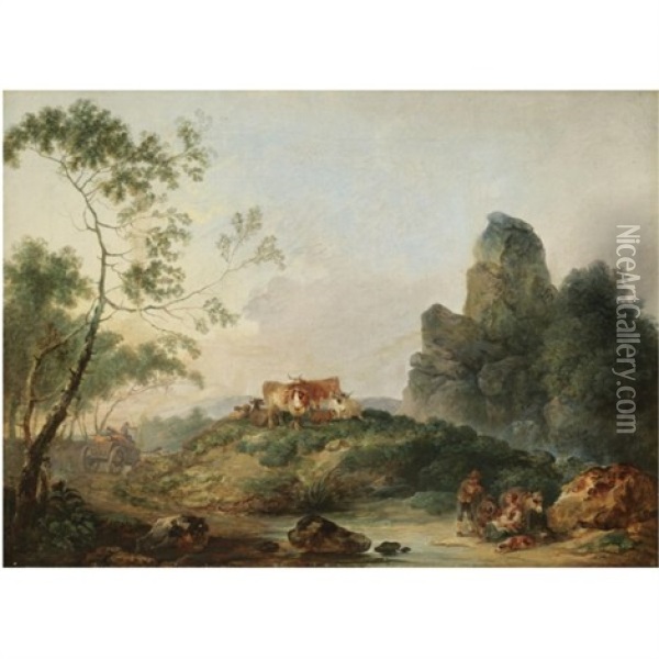 A Rocky Landscape With Herdsmen Resting Beside A Stream Oil Painting - Philip James de Loutherbourg