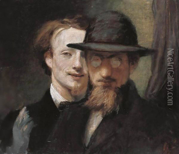 Double Portrait of Marees and Lenbach Oil Painting - Hans von Marees
