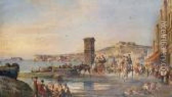 A Busy Day On The Waterfront, Naples Oil Painting - Giuseppe Carelli