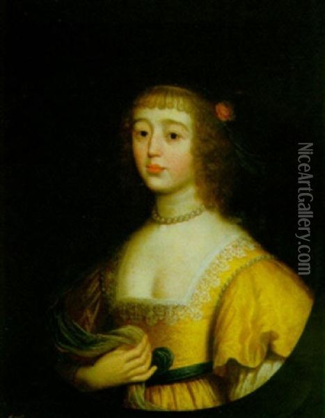 A Portrait Of A Lady Wearing A Yellow Dress Adorned With Lace And Pearls Oil Painting - Gerrit Van Honthorst