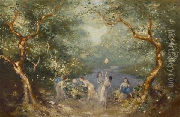 Girls Playing In The Woods Oil Painting - George Russell