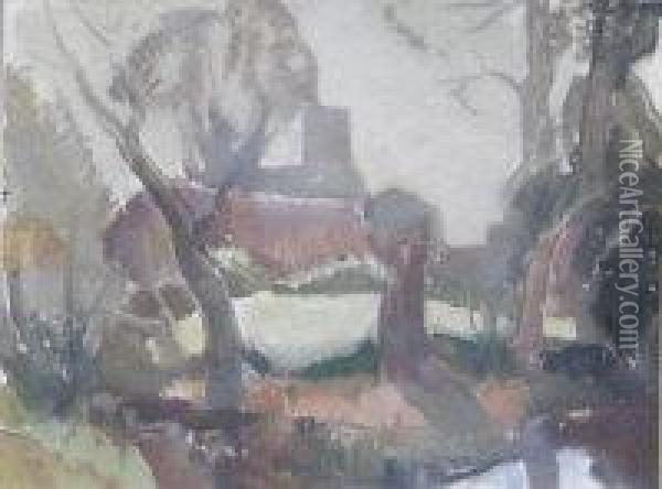 River Landscape With A Church In The Distance Oil Painting - John Nash