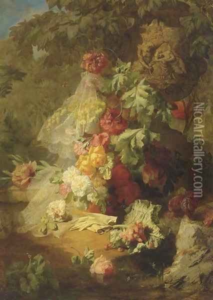 A Still Life of Lace, Flowers and Gloves in a Garden Oil Painting - Jean-Baptiste Robie