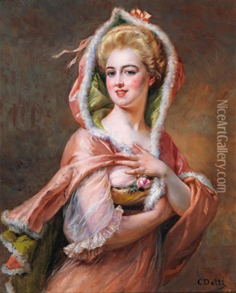 Young Woman In Fur Trimmed Cape Oil Painting - Cesare Auguste Detti