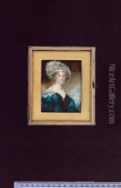 Miss Fanny Shepherd Wearing Green Dress With White Lace Collar And Gauze Fill-in, Gem Set Gold Cross At Her Corsage And White Silk, Gauze And Lace Hat Oil Painting - Andrew Robertson