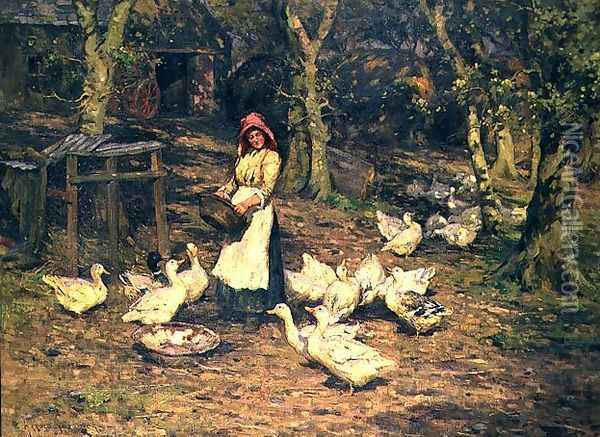 Feeding the Ducks Oil Painting - Harold Swanwick
