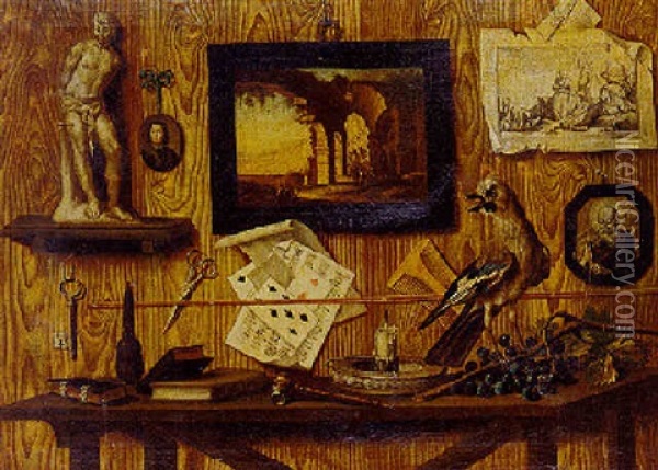 Trompe L'oeil Still Life With A Statue, A Bird, And Other Objects Oil Painting - Antonio (lo Scarpetta) Mara