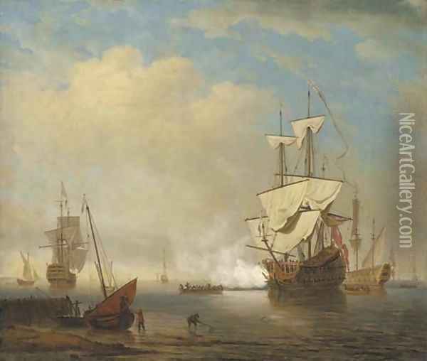 A flagship arriving at her anchorage to join the squadron of the Red Oil Painting - Peter Monamy