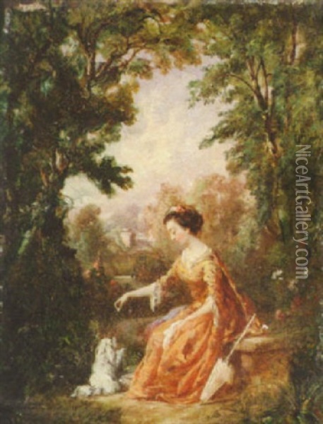 A Lady And Her Pet Dog In A Garden Oil Painting - Victor Louis Hugues
