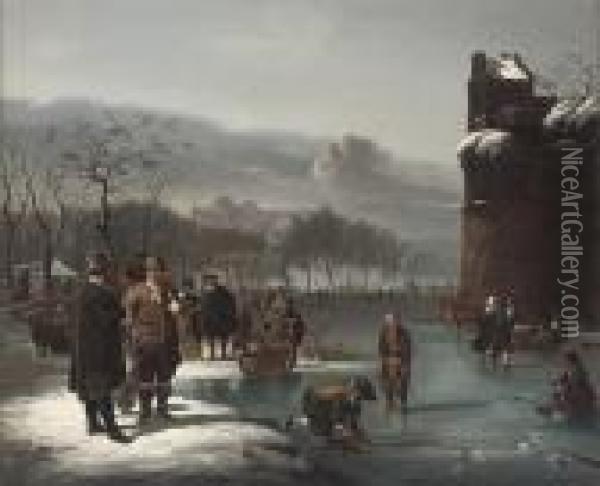 Skaters By The City Walls Oil Painting - Charles Henri Leickert