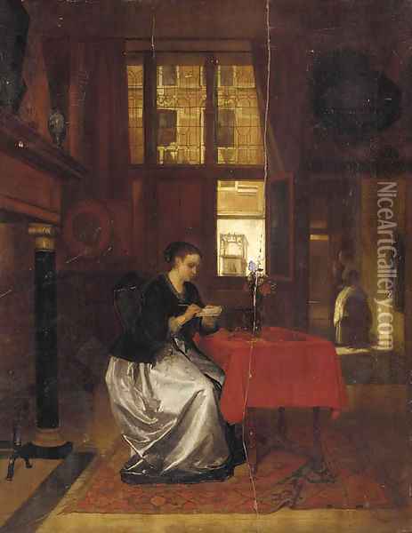 A lady writing in a Dutch interior Oil Painting - Hubertus van Hove
