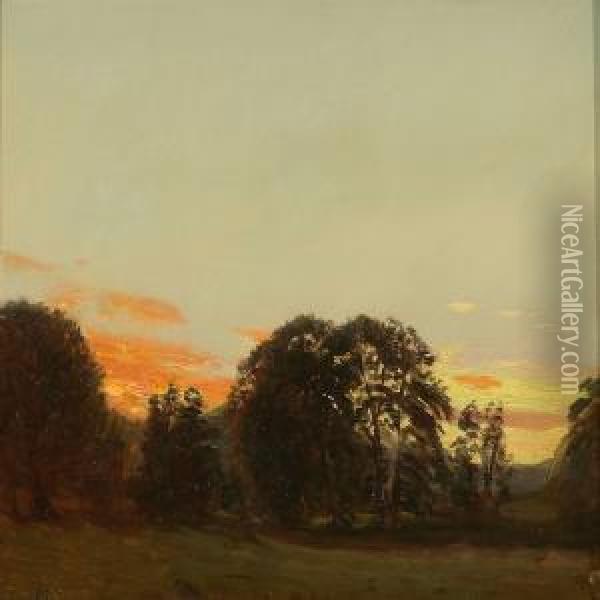 Summer Evening With Sunset Over A Forest Oil Painting - Godfred B.W. Christensen