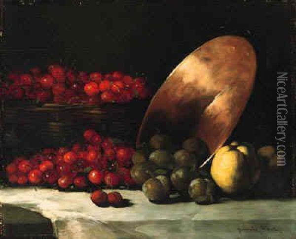 A Still Life With Cherries, Plums And Copper Bowl Oil Painting - Germain Theodure Clement Ribot
